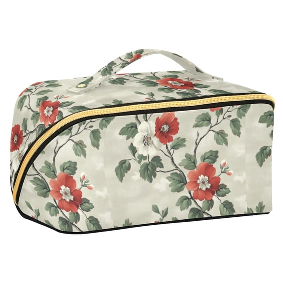 FORMRS Makeup Bag Travel Cosmetic Organizer for Women Fold Flat Zipper Pouch with Handle, Red Floral Pattern