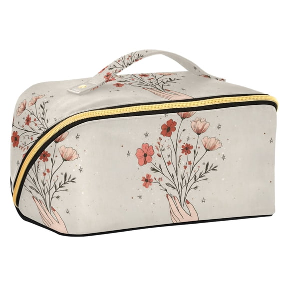 FORMRS Makeup Bag Travel Cosmetic Organizer for Women Fold Flat Zipper Pouch with Handle, Red Flower