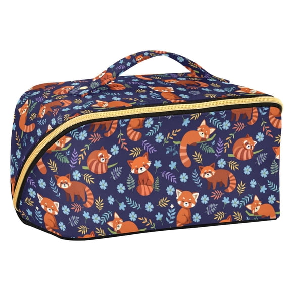 FORMRS Makeup Bag Travel Cosmetic Organizer for Women Fold Flat Zipper Pouch with Handle, Red Panda Pattern
