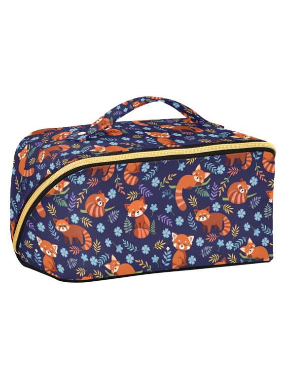 Makeup Bag Travel Cosmetic Organizer for Women Fold Flat Zipper Pouch with Handle, Red Panda Pattern