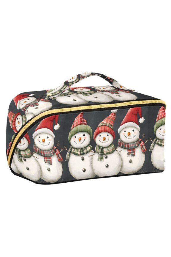Makeup Bag Travel Cosmetic Organizer for Women Fold Flat Zipper Pouch with Handle, Red Snowmen
