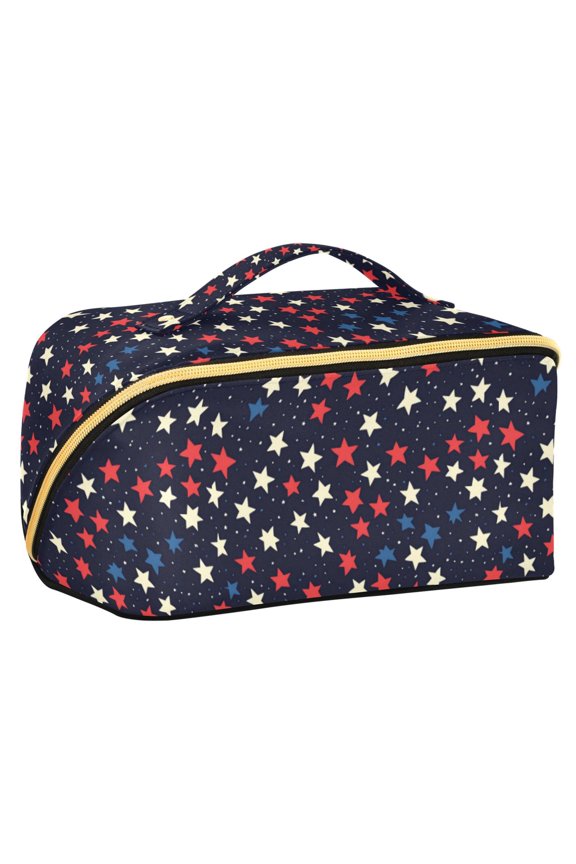Makeup Bag Travel Cosmetic Organizer for Women Fold Flat Zipper Pouch with Handle, Red Starry Pattern