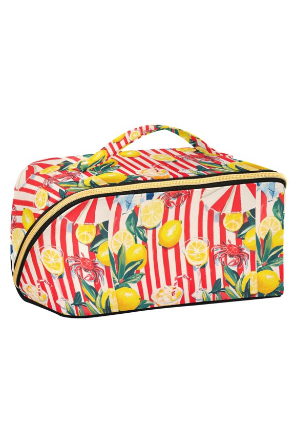 Makeup Bag Travel Cosmetic Organizer for Women Fold Flat Zipper Pouch with Handle, Red Striped Lemon