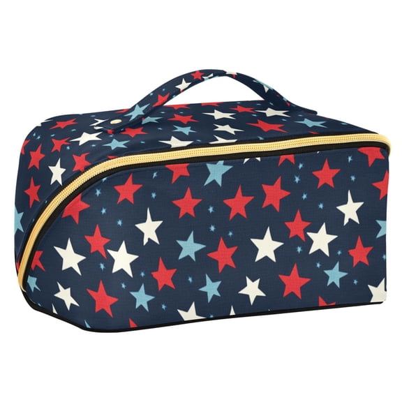 FORMRS Makeup Bag Travel Cosmetic Organizer for Women Fold Flat Zipper Pouch with Handle, Red White Stars