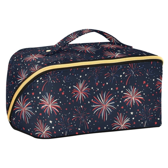 FORMRS Makeup Bag Travel Cosmetic Organizer for Women Fold Flat Zipper Pouch with Handle, Red and White Fireworks Pattern
