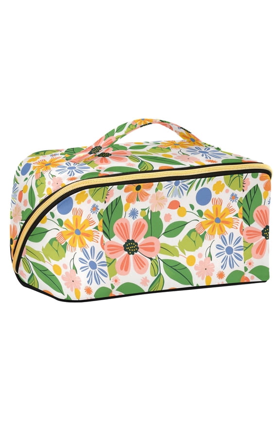 Makeup Bag Travel Cosmetic Organizer for Women Fold Flat Zipper Pouch with Handle, Retro Pink Floral