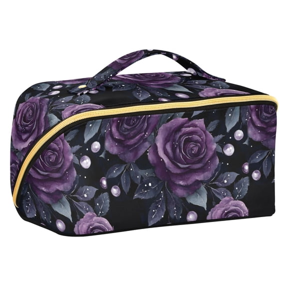FORMRS Makeup Bag Travel Cosmetic Organizer for Women Fold Flat Zipper Pouch with Handle, Roses and Pearls