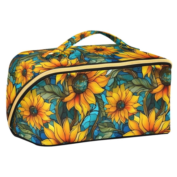 FORMRS Makeup Bag Travel Cosmetic Organizer for Women Fold Flat Zipper Pouch with Handle, Stained Glass Sunflowers Pattern