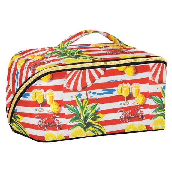FORMRS Makeup Bag Travel Cosmetic Organizer for Women Fold Flat Zipper Pouch with Handle, Striped Lemon
