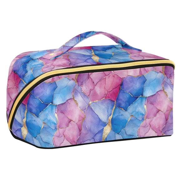 FORMRS Makeup Bag Travel Cosmetic Organizer for Women Fold Flat Zipper Pouch with Handle, Watercolor Blue Marble Pattern