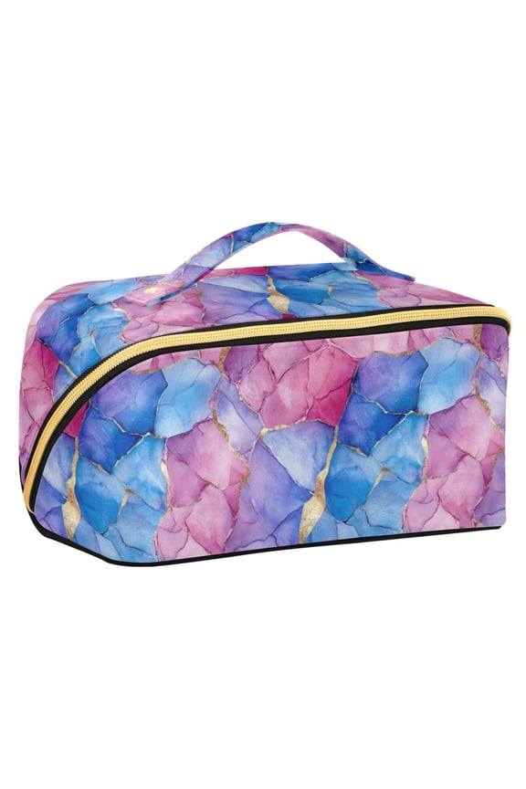 Makeup Bag Travel Cosmetic Organizer for Women Fold Flat Zipper Pouch with Handle, Watercolor Blue Marble Pattern