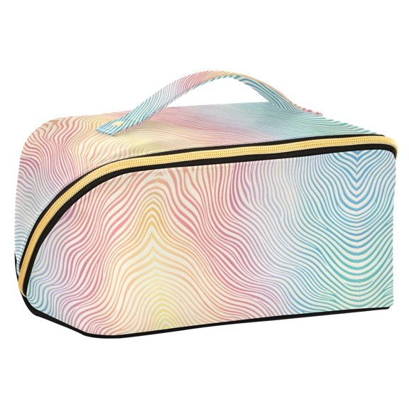 FORMRS Makeup Bag Travel Cosmetic Organizer for Women Fold Flat Zipper Pouch with Handle, Wavy Striped
