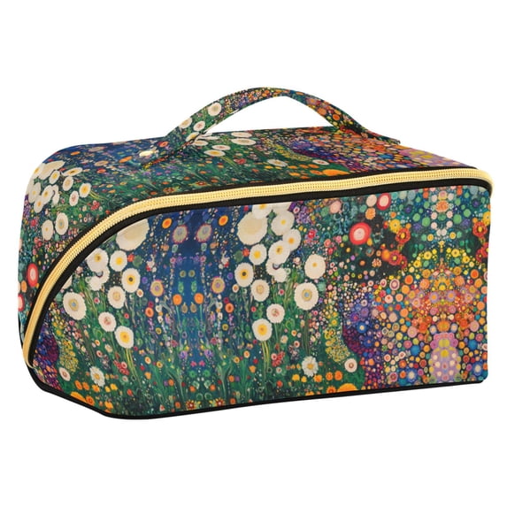 FORMRS Makeup Bag Travel Cosmetic Organizer for Women Fold Flat Zipper Pouch with Handle, White Floral Garden