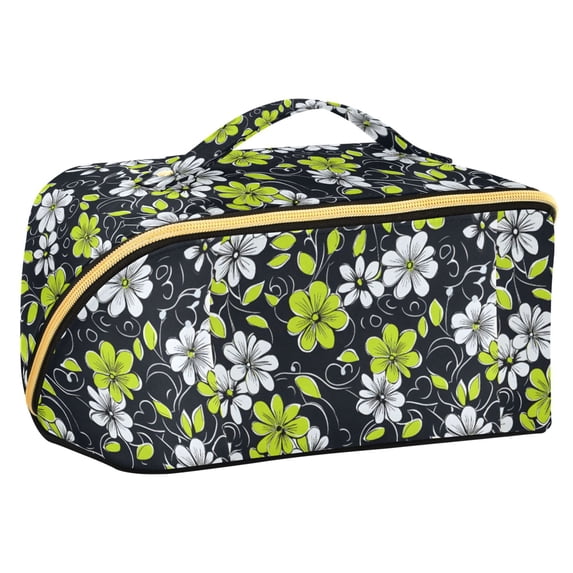 FORMRS Makeup Bag Travel Cosmetic Organizer for Women Fold Flat Zipper Pouch with Handle, White Flower Pattern