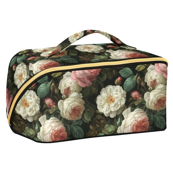 FORMRS Makeup Bag Travel Cosmetic Organizer for Women Fold Flat Zipper Pouch with Handle, White and Pink Roses
