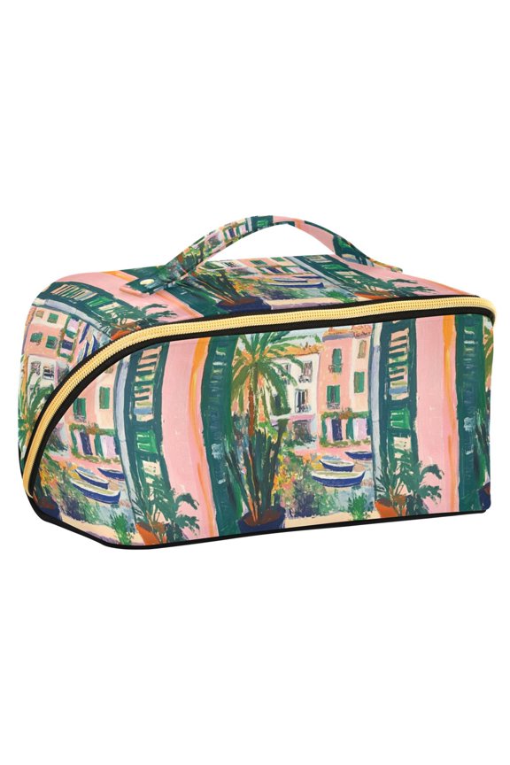 Makeup Bag Travel Cosmetic Organizer for Women Fold Flat Zipper Pouch with Handle, Window Scene