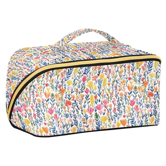FORMRS Makeup Bag Travel Cosmetic Organizer for Women Fold Flat Zipper Pouch with Handle, Yellow Wildflower Pattern