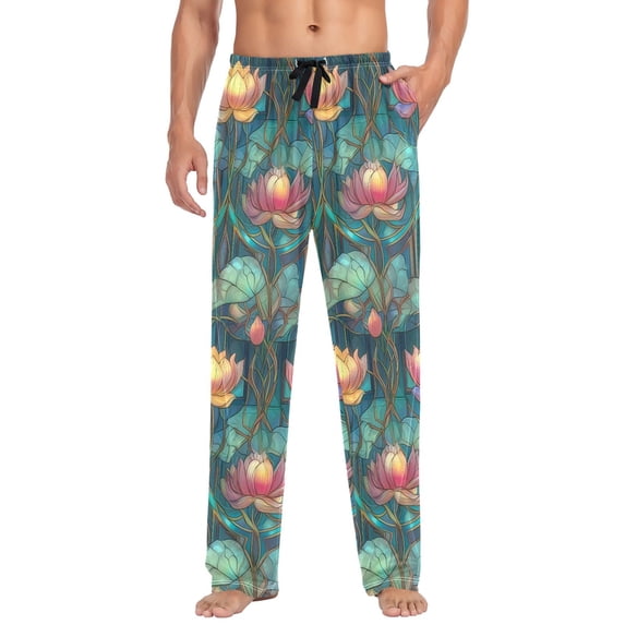 FORMRS Mens Pajama Pants with Pockets Soft Cotton Sleepwear Lounge Bottoms, Sizes S-2XL, Art Water Lilies Pattern