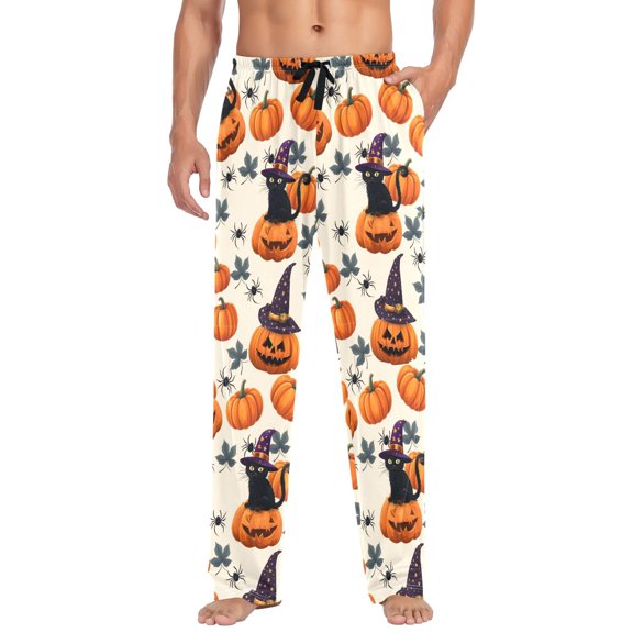 FORMRS Mens Pajama Pants with Pockets Cotton Sleepwear Lounge Bottoms Sizes S-2XL, Beige Halloween Cat Pattern