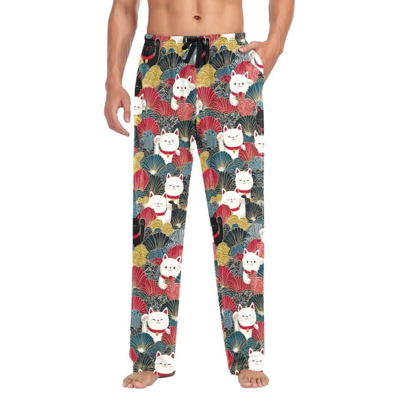 FORMRS Mens Pajama Pants with Pockets Soft Cotton Sleepwear Lounge Bottoms, Sizes S-2XL, Black Lucky Cat