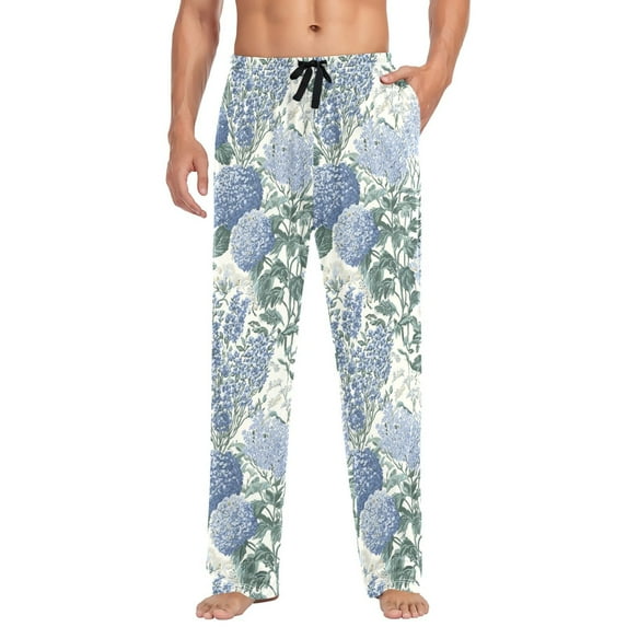 FORMRS Mens Pajama Pants with Pockets Cotton Sleepwear Lounge Bottoms Sizes S-2XL, Blue Hydrangeas Pattern