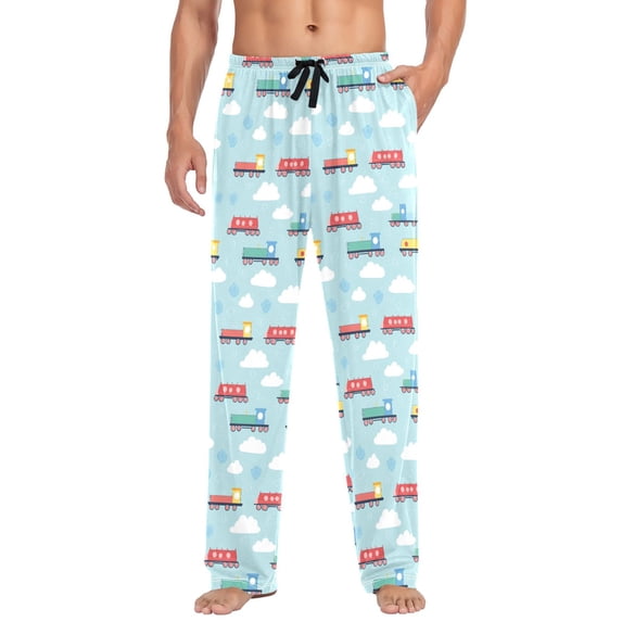 FORMRS Mens Pajama Pants with Pockets Cotton Sleepwear Lounge Bottoms Sizes S-2XL, Blue Trains Pattern
