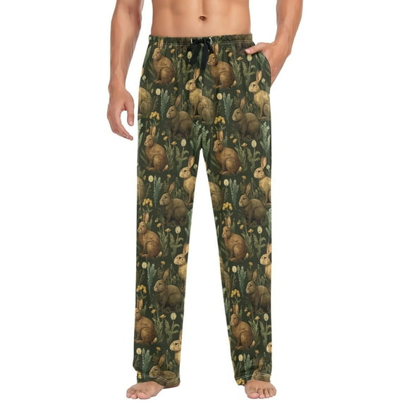 FORMRS Mens Pajama Pants with Pockets Cotton Sleepwear Lounge Bottoms Sizes S-2XL, Brown Floral Rabbits Pattern