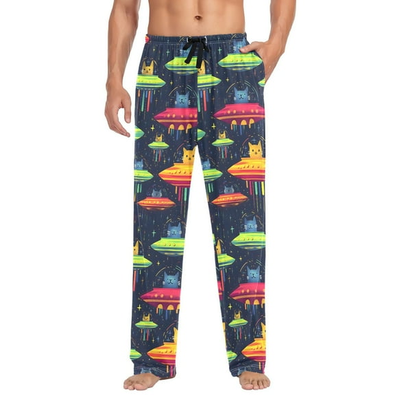 FORMRS Mens Pajama Pants with Pockets Cotton Sleepwear Lounge Bottoms Sizes S-2XL, Colorful Space Cat