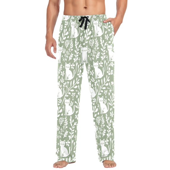 FORMRS Mens Pajama Pants with Pockets Soft Cotton Sleepwear Lounge Bottoms, Sizes S-2XL, Green Floral Cat Pattern