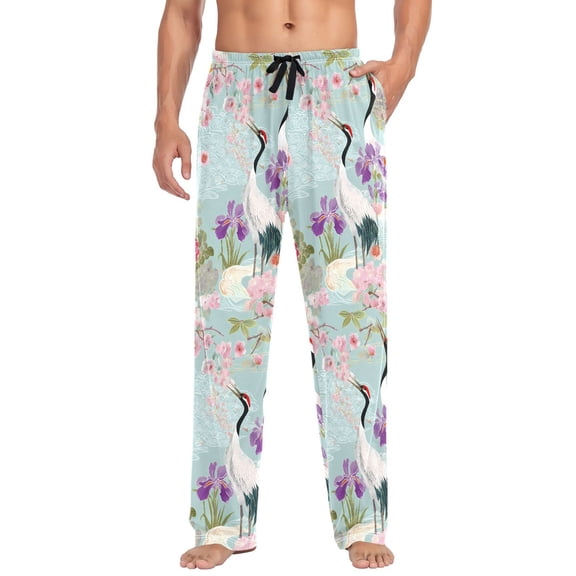 FORMRS Mens Pajama Pants with Pockets Cotton Sleepwear Lounge Bottoms Sizes S-2XL, Green Floral Cranes Pattern