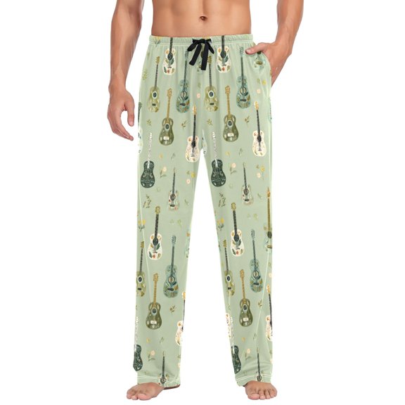 FORMRS Mens Pajama Pants with Pockets Cotton Sleepwear Lounge Bottoms Sizes S-2XL, Green Floral Guitar Pattern