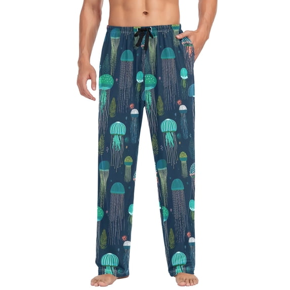 FORMRS Mens Pajama Pants with Pockets Cotton Sleepwear Lounge Bottoms Sizes S-2XL, Green Jellyfish Pattern
