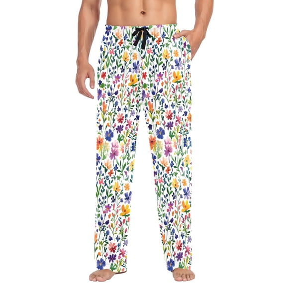 FORMRS Mens Pajama Pants with Pockets Cotton Sleepwear Lounge Bottoms Sizes S-2XL, Green Wildflower Pattern