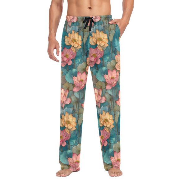FORMRS Mens Pajama Pants with Pockets Cotton Sleepwear Lounge Bottoms Sizes S-2XL, Pink Water Lilies Pattern