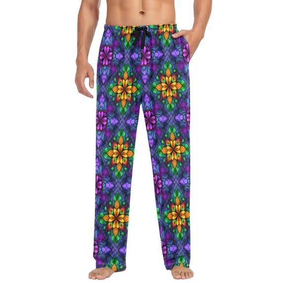 FORMRS Mens Pajama Pants with Pockets Cotton Sleepwear Lounge Bottoms Sizes S-2XL, Purple Stained Glass Pattern