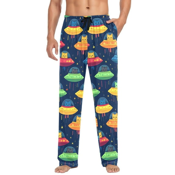FORMRS Mens Pajama Pants with Pockets Cotton Sleepwear Lounge Bottoms Sizes S-2XL, Rainbow Space Cat