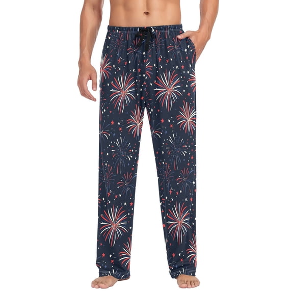 FORMRS Mens Pajama Pants with Pockets Cotton Sleepwear Lounge Bottoms Sizes S-2XL, Red and White Fireworks Pattern