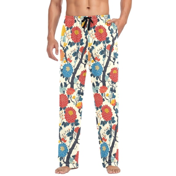 FORMRS Mens Pajama Pants with Pockets Soft Cotton Sleepwear Lounge Bottoms, Sizes S-2XL, Vibrant Japanese Flowers