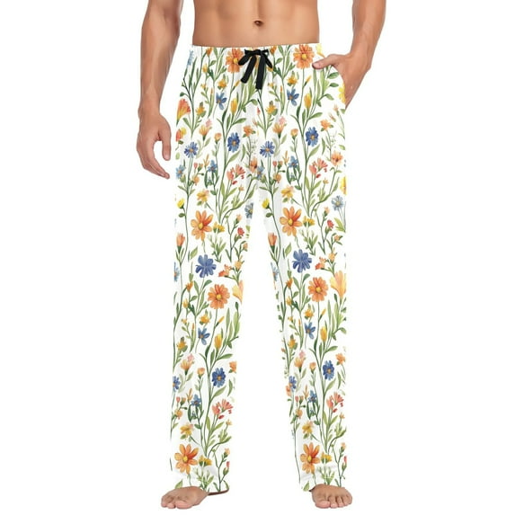 FORMRS Mens Pajama Pants with Pockets Cotton Sleepwear Lounge Bottoms Sizes S-2XL, Watercolor Wildflowers Pattern