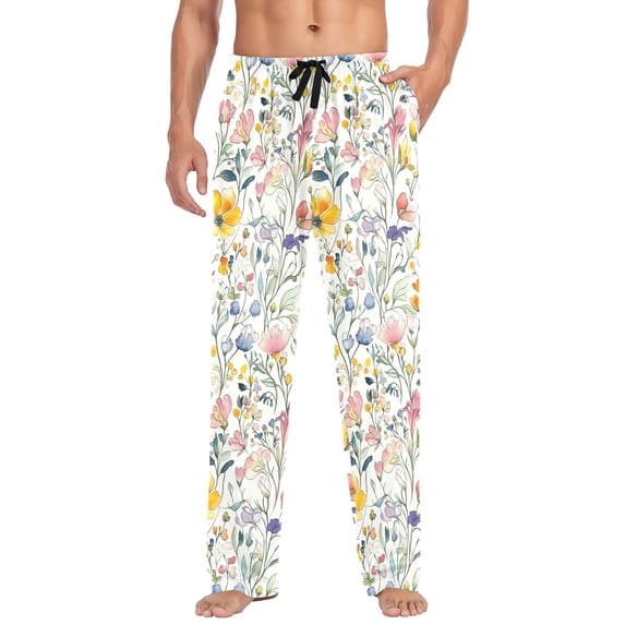 FORMRS Mens Pajama Pants with Pockets Soft Cotton Sleepwear Lounge Bottoms, Sizes S-2XL, Watercolor Wildflowers
