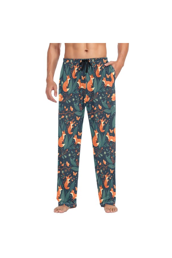 Mens Pajama Pants with Pockets Cotton Sleepwear Lounge Bottoms Sizes S-2XL, Whimsical Foxes Pattern