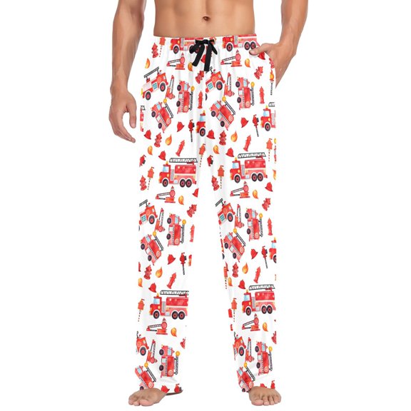 FORMRS Mens Pajama Pants with Pockets Cotton Sleepwear Lounge Bottoms Sizes S-2XL, White Cartoon Fire Truck Pattern