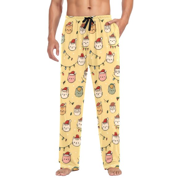 FORMRS Mens Pajama Pants with Pockets Cotton Sleepwear Lounge Bottoms Sizes S-2XL, Yellow Christmas Cat Pattern