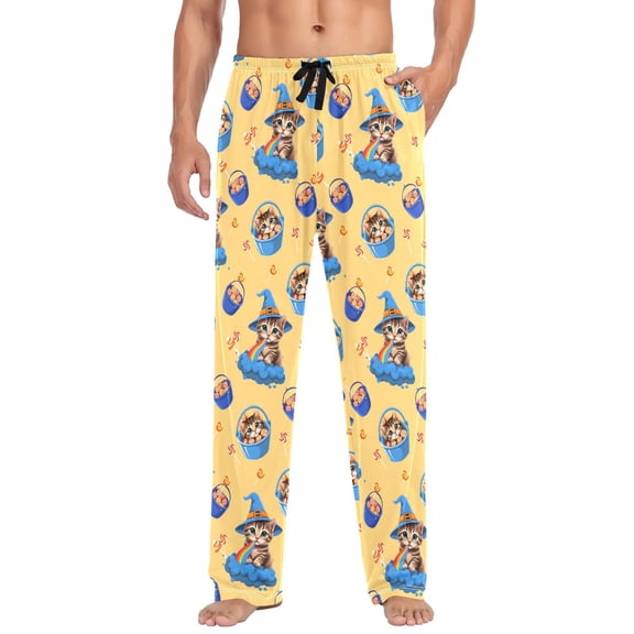FORMRS Mens Pajama Pants with Pockets Cotton Sleepwear Lounge Bottoms Sizes S-2XL, Yellow Halloween Cat Pattern
