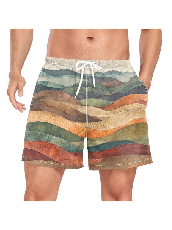 Mens Swim Trunks Mesh Liner Quick Dry Casual Beach Board Shorts with Pockets, Sizes S-2XL, Abstract Wavy Landscape