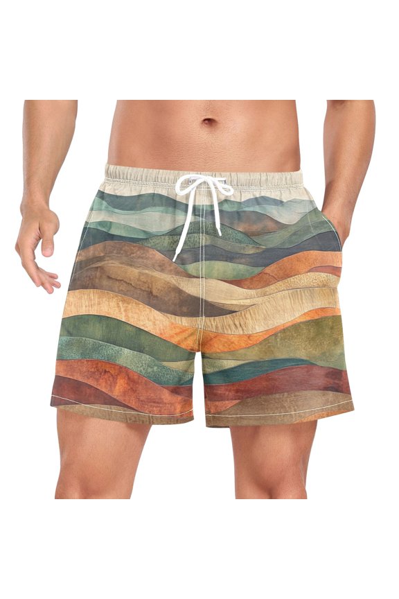 Mens Swim Trunks Mesh Liner Quick Dry Casual Beach Board Shorts with Pockets, Sizes S-2XL, Abstract Wavy Landscape