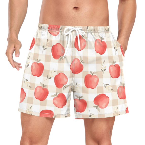FORMRS Mens Swim Trunks Mesh Liner Quick Dry Casual Beach Board Shorts with Pockets, Sizes S-2XL, Apple Plaid Pattern