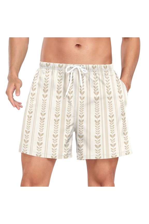 Mens Swim Trunks Mesh Liner Quick Dry Casual Beach Board Shorts with Pockets, Sizes S-2XL, Beige Abstract Pattern