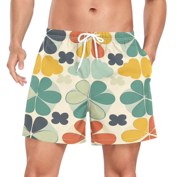 FORMRS Mens Swim Trunks Mesh Liner Quick Dry Casual Beach Board Shorts with Pockets, Sizes S-2XL, Beige Clover Pattern