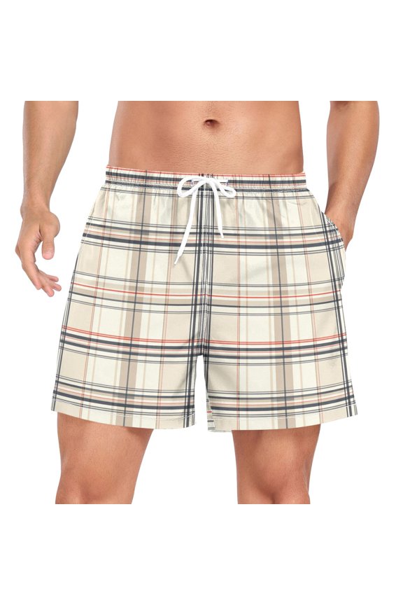 Mens Swim Trunks Mesh Liner Quick Dry Casual Beach Board Shorts with Pockets, Sizes S-2XL, Beige Plaid Pattern